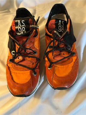 A.S.98 Orange and Black Leather Lace-Up Sneakers 1 lace hole need repair photo